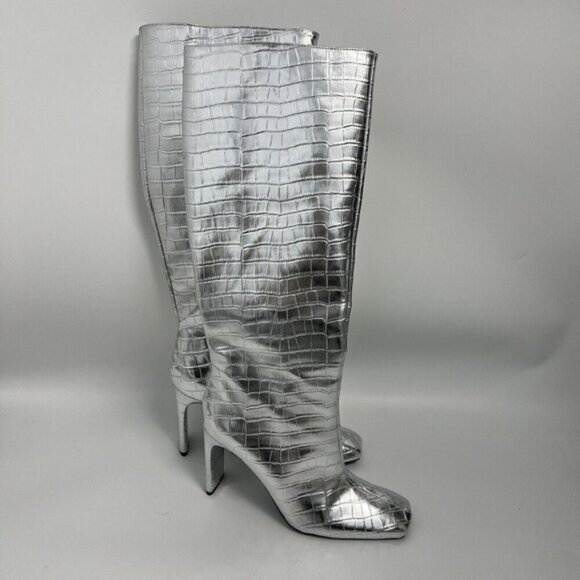 Zara Metallic Laminated Crocodile Embossed Knee High Boots Euro Sz 40 US Sz 9 - Picture 8 of 16